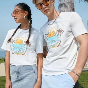 Unisex Beyaz Palmiye Baskılı 2li Set Sevgili Çift Kombini