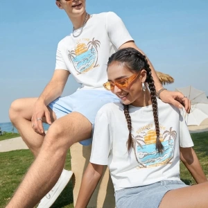 Unisex Beyaz Palmiye Baskılı 2li Set Sevgili Çift Kombini