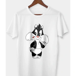 Unisex Beyaz Sylvester Baskılı T-shirt