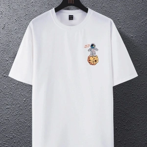 Unisex Beyaz The Galaxy Gezegen Baskılı Oversize Bisiklet Yaka Tshirt