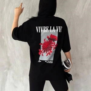 Unisex Beyaz Vivre La Vie Baskılı Oversize Bisiklet Yaka Penye Tişört