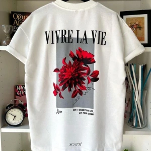 Unisex Beyaz Vivre La Vie Baskılı Oversize Bisiklet Yaka Penye Tişört