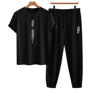 Unisex Bisiklet Yaka Slogan Baskılı Siyah Tişört Ve Siyah Eşofman Altı 2li Set A