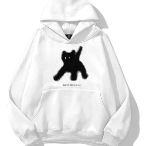 Unisex Black Cat Pixel Sweatshirt Beyaz
