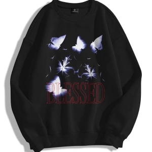Unisex Blessed Bisiklet Yaka Sweatshirt Siyah