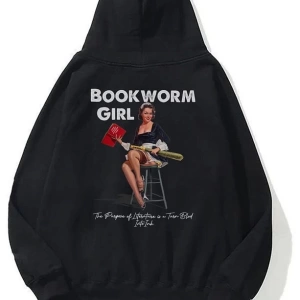 Unisex Bookworm Girl Sweatshirt Hoodie Siyah