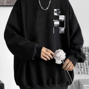 Unisex Bravely Baskılı Oversize Bisiklet Yaka Sweatshirt Siyah