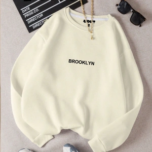 Unisex Brooklyn Baskılı Bisiklet Yaka Sweatshirt Beyaz