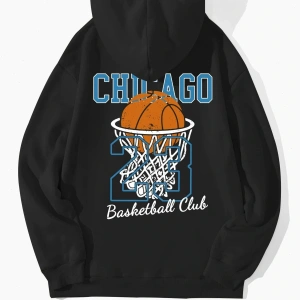 Unisex Chicago76 Baskılı Oversize Kapüşonlu Sweatshirt Siyah