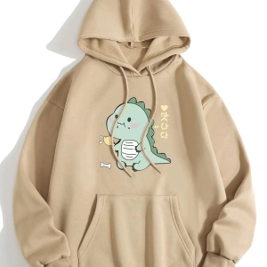 Unisex Dino Baskılı Oversize Kapüşonlu Pamuklu Sweatshirt Bej