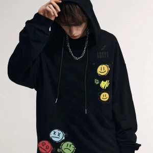 Unisex Emoji Özel Baskılı Kapüşonlu Oversize Sweatshirt Siyah