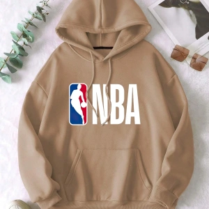 Unisex Erkek/Kadın BASKET Renkli Özel Baskılı Oversize Kapüşonlu Sweatshirt Bej