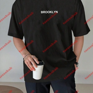 Unisex Erkek/Kadın BROOKLYN Renkli Özel Baskılı Oversize Pamuklu Bisiklet Yaka T-Shirt Tişört Beyaz