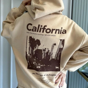 Unisex Erkek/Kadın Calıfornia Renkli Özel Baskılı Oversize Kapüşonlu Sweatshirt Bej