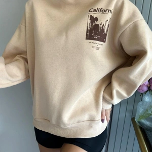 Unisex Erkek/Kadın Calıfornia Renkli Özel Baskılı Oversize Kapüşonlu Sweatshirt Bej