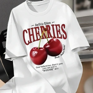 Unisex Erkek/Kadın CHERRIES Özel Baskılı Oversize Pamuklu Bisiklet Yaka