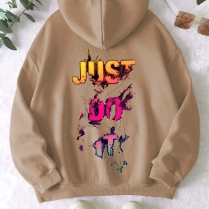 Unisex Erkek/Kadın JUSTDOIT Renkli Özel Baskılı Oversize Kapüşonlu Sweatshirt Bej