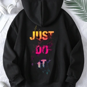 Unisex Erkek/Kadın JUSTDOIT Renkli Özel Baskılı Oversize Kapüşonlu Sweatshirt Beyaz