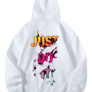 Unisex Erkek/Kadın JUSTDOIT Renkli Özel Baskılı Oversize Kapüşonlu Sweatshirt Beyaz