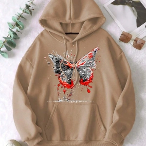 Unisex Erkek/Kadın Kelebek Renkli Özel Baskılı Oversize Kapüşonlu Sweatshirt Bej