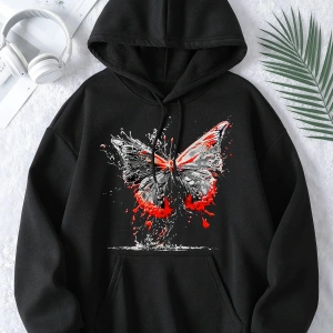 Unisex Erkek/Kadın Kelebek Renkli Özel Baskılı Oversize Kapüşonlu Sweatshirt Siyah