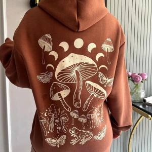 Unisex Erkek/Kadın MANTAR Renkli Özel Baskılı Oversize Kapüşonlu Sweatshirt Kahverengi