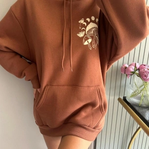 Unisex Erkek/Kadın MANTAR Renkli Özel Baskılı Oversize Kapüşonlu Sweatshirt Kahverengi