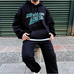 Unisex Erkek/Kadın MİCHİGAN Renkli Özel Baskılı Oversize Kapüşonlu Sweatshirt Siyah