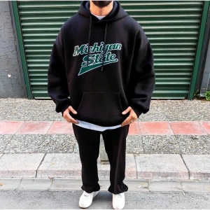Unisex Erkek/Kadın MİCHİGAN Renkli Özel Baskılı Oversize Kapüşonlu Sweatshirt Siyah