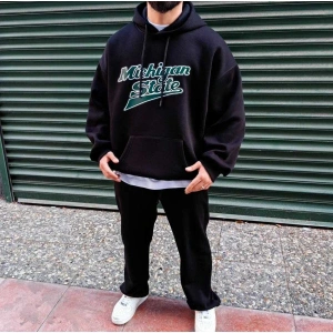 Unisex Erkek/Kadın MİCHİGAN Renkli Özel Baskılı Oversize Kapüşonlu Sweatshirt Siyah