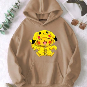 Unisex Erkek/Kadın Pikachu Renkli Özel Baskılı Oversize Kapüşonlu Sweatshirt Bej
