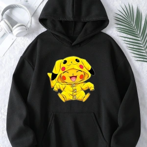 Unisex Erkek/Kadın Pikachu Renkli Özel Baskılı Oversize Kapüşonlu Sweatshirt Beyaz