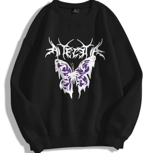 Unisex Eternal Butterfly Bisiklet Yaka Sweatshirt Siyah
