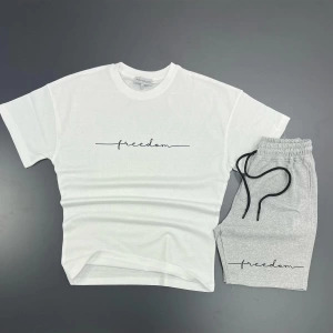 Unisex Freedom Baskılı Spor Eşofman Takımı Beyaz T-shirt / Gri Şort mdl-sportkm-