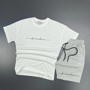 Unisex Freedom Baskılı Spor Eşofman Takımı Beyaz T-shirt / Gri Şort mdl-sportkm-