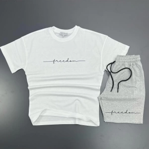 Unisex Freedom Baskılı Spor Eşofman Takımı Beyaz T-shirt / Gri Şort mdl-sportkm-
