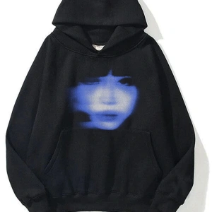 Unisex Girl Face Sweatshirt Hoodie Siyah