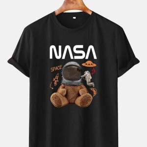 Unisex Gri Ayıcık Nasa Baskılı Tshirt