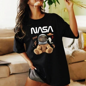 Unisex Gri Ayıcık Nasa Baskılı Tshirt