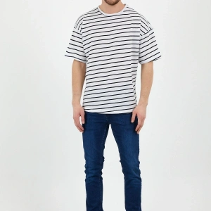 Unisex Gri Beyaz Çizgili Oversize Tshirt