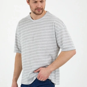 Unisex Gri Beyaz Çizgili Oversize Tshirt