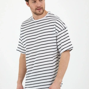 Unisex Gri Beyaz Çizgili Oversize Tshirt