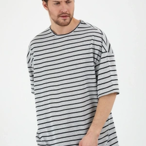 Unisex Gri Beyaz Çizgili Oversize Tshirt