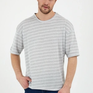 Unisex Gri Beyaz Çizgili Oversize Tshirt