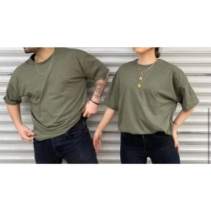 Unisex Haki Bisiklet Yaka Sevgili Kombin 2 Li Paket Tshirt