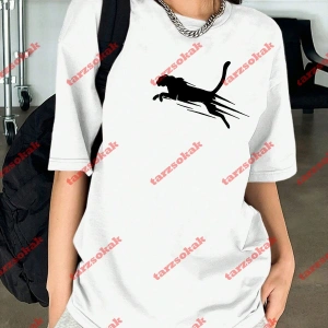 Unisex jaguar Baskılı Tshirt Beyaz