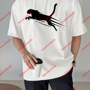 Unisex jaguar Baskılı Tshirt Beyaz