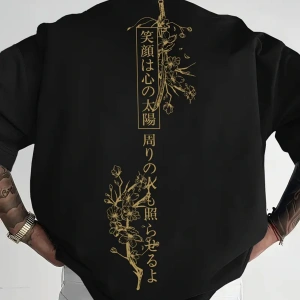 Unisex Japonca Yazı Baskılı Oversize