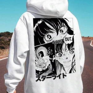 Unisex Kadın/Erkek Beyaz Anime Out Baskılı Oversize Kapüşonlu Sweatshirt