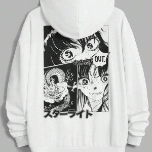 Unisex Kadın/Erkek Beyaz Anime Out Baskılı Oversize Kapüşonlu Sweatshirt